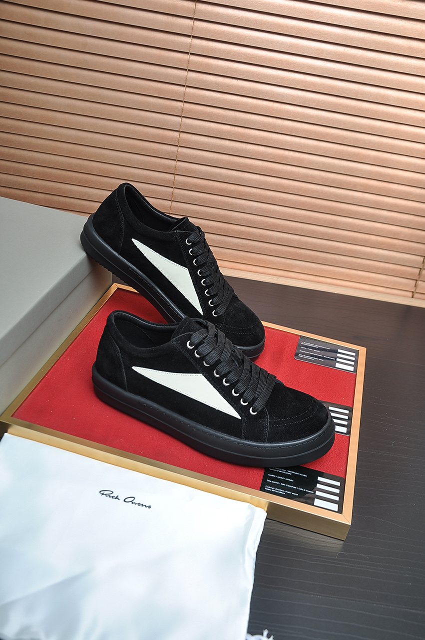 Rick Owens Black Low-Top Sneakers with White Side Panels — front