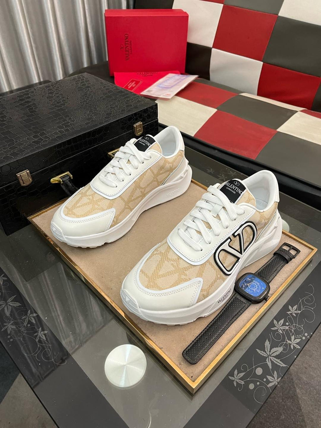 Valentino Cream and Beige V-Motif Sneakers — front