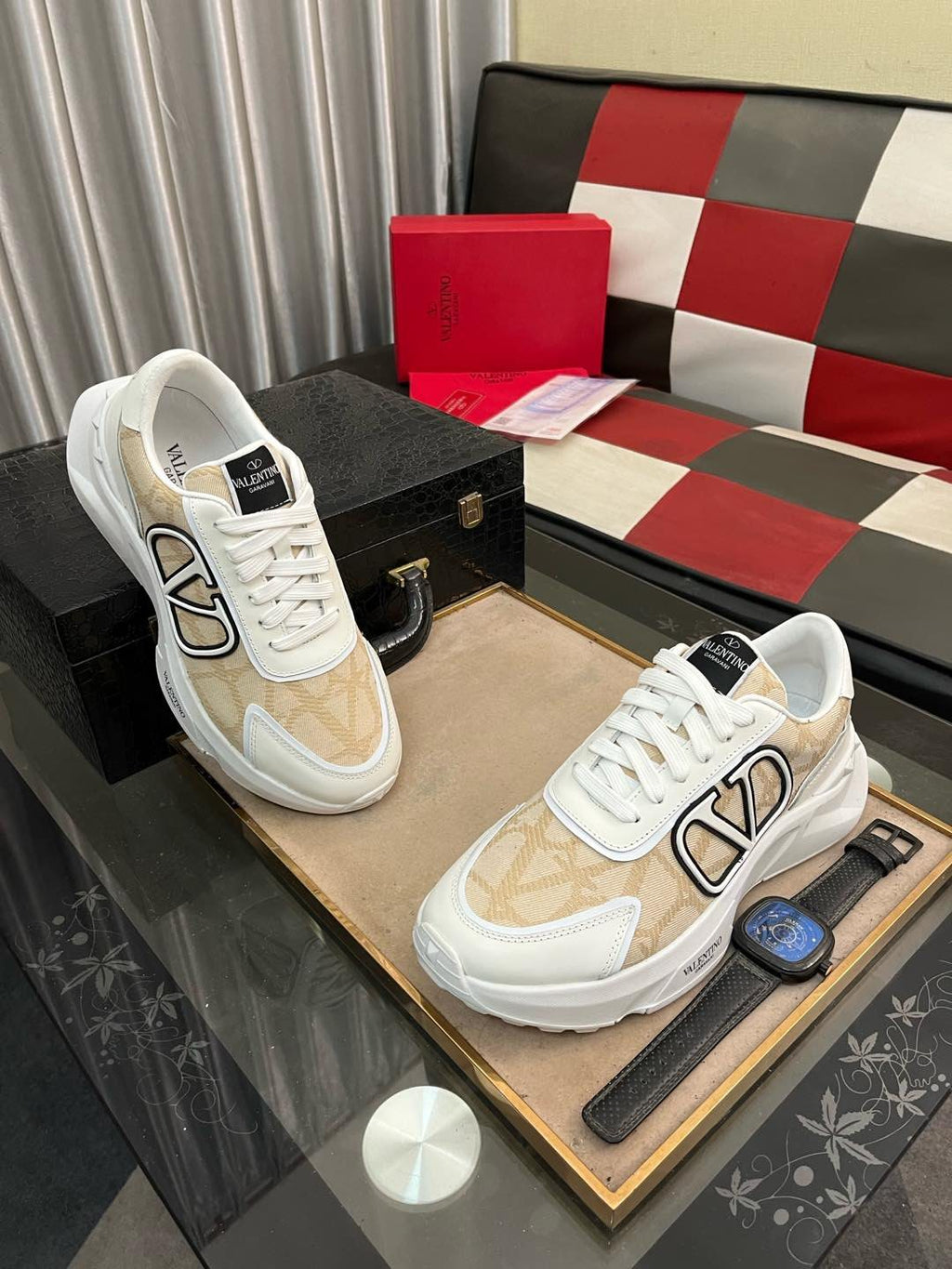 Valentino Cream and Beige V-Motif Sneakers — front