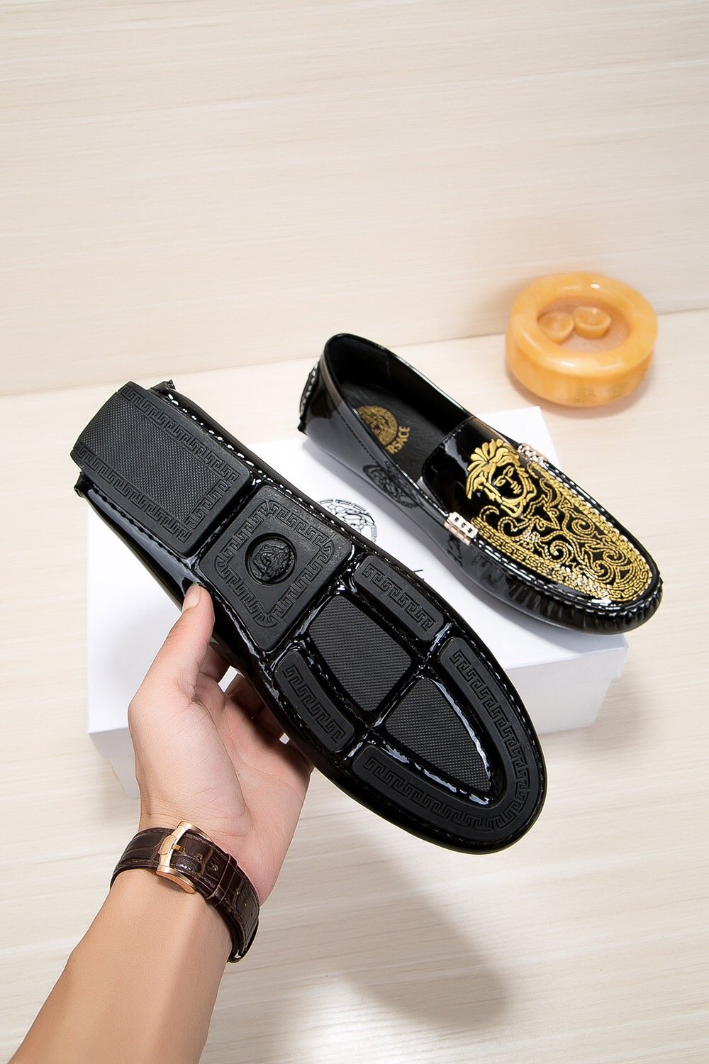 Versace Black Loafers with Gold Embroidery — back