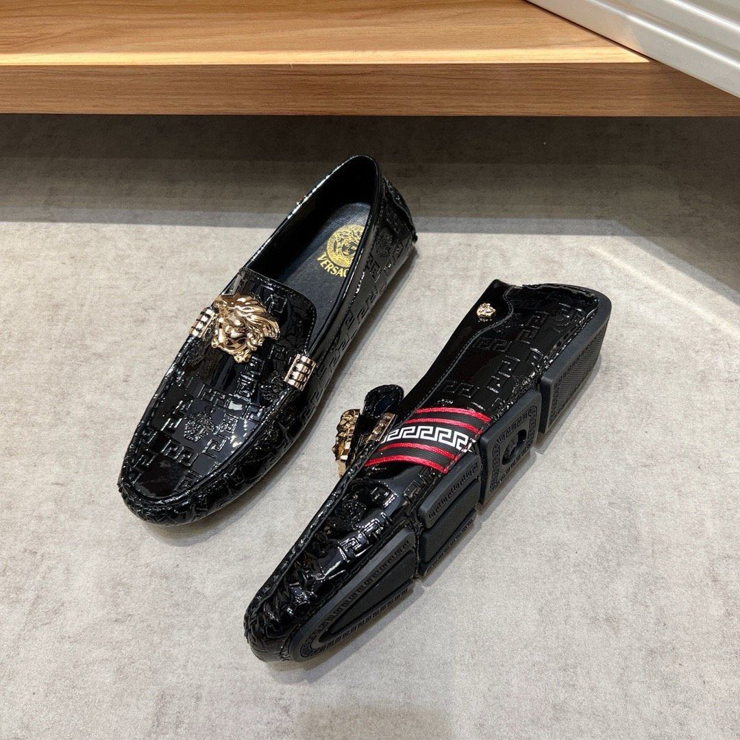 Versace Black Patterned Loafers with Gold-Tone Ornament — side